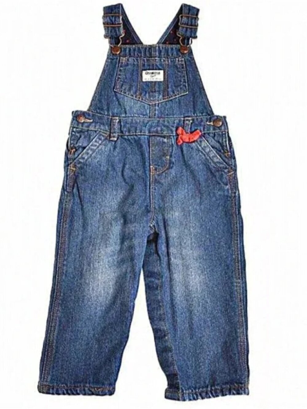 Oshkosh B'Gosh Overalls Girls Denim Red Polka Dot Fleece Lined Bow Vestbak 18M